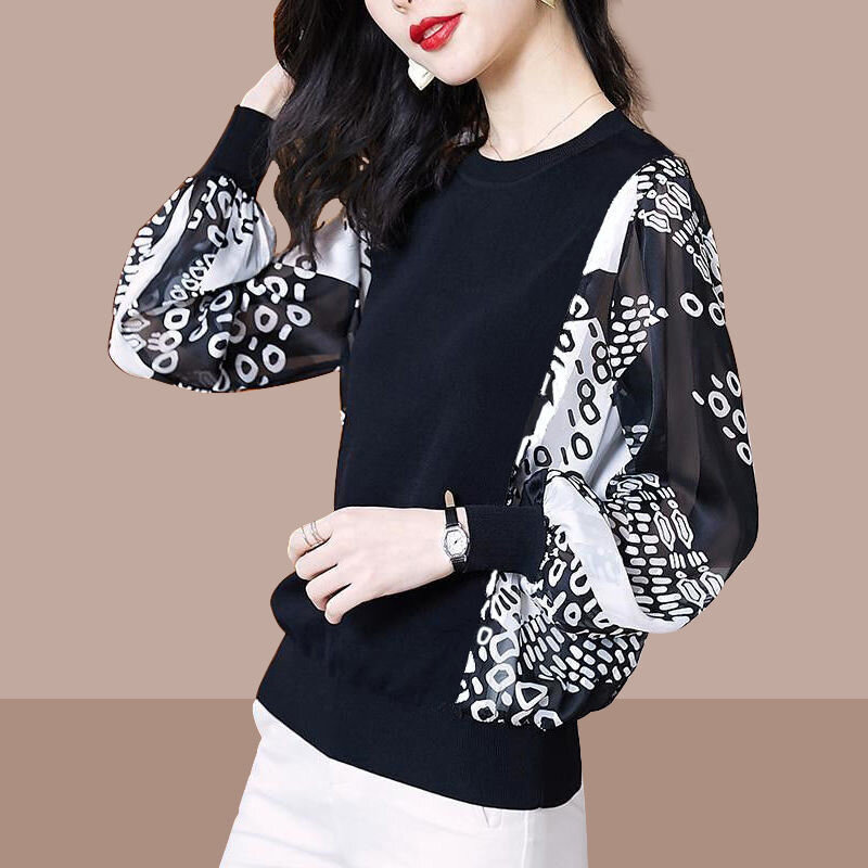 2021 Women Spring Autumn Style Blouses Shirts Lady Casual Long Lantern Sleeve Patchwork O-Neck Blusas Tops