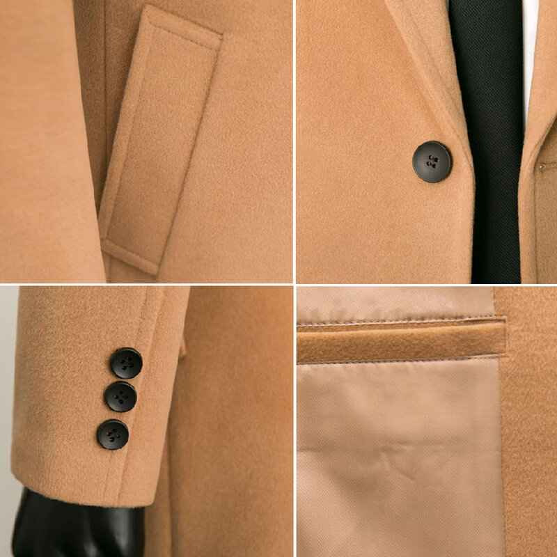 Casaco de lã masculino, casaco de lã longo até o joelho bonito, casaco de lã slim estilo britânico, 50%