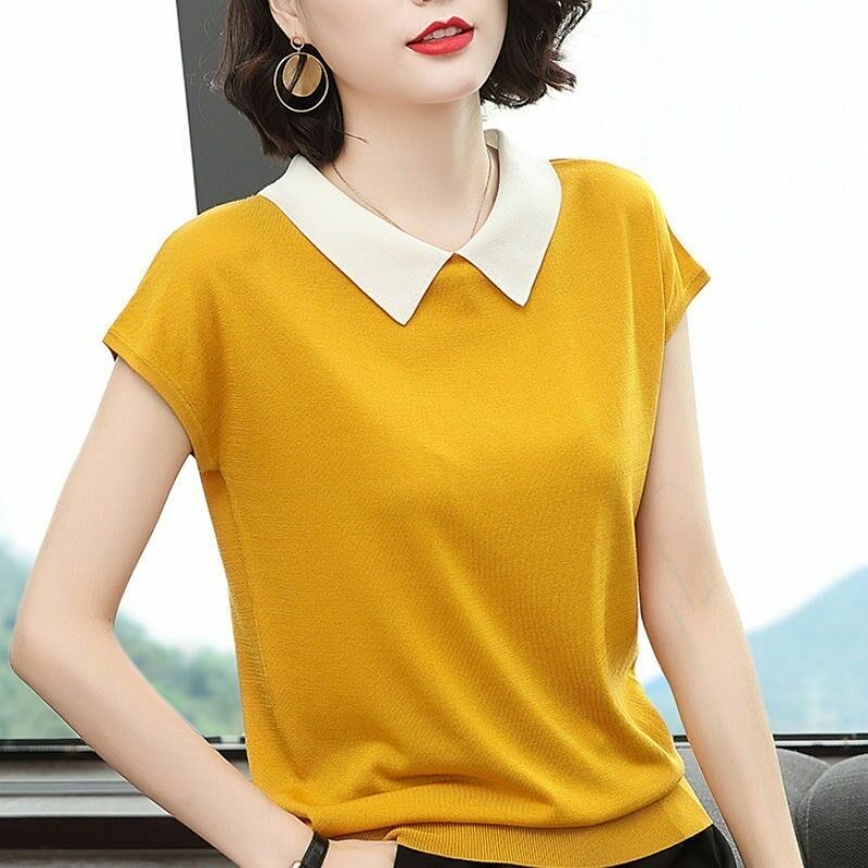 Jersey de manga corta con cuello vuelto para mujer, Top de punto fino amarillo, moda femenina, holgado y elástico, verano 2021
