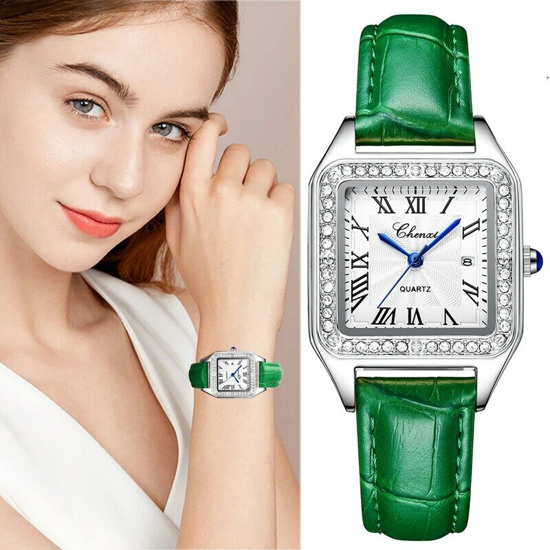Montre Femme Platz Quarz Uhren Frauen Luxus Diamant Business Handgelenk Uhren Damen Grün Leder Casual frauen Sport Uhr