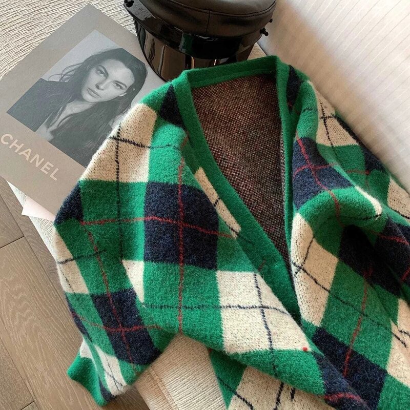 Sweter damski Argyle Vintage, dekolt w szpic dzianinowy, wiosenny, dopasowany, studencki sweter z lat 90-tych, słodka, modna Harajuku Leisure M