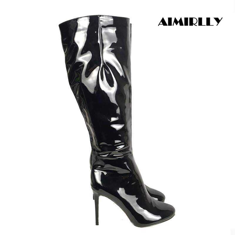 Women's Shoes Knee Boots Round Toe High Heels Stilettos Full Zipper in Black Patent Ladies Winter Fashion Footwear