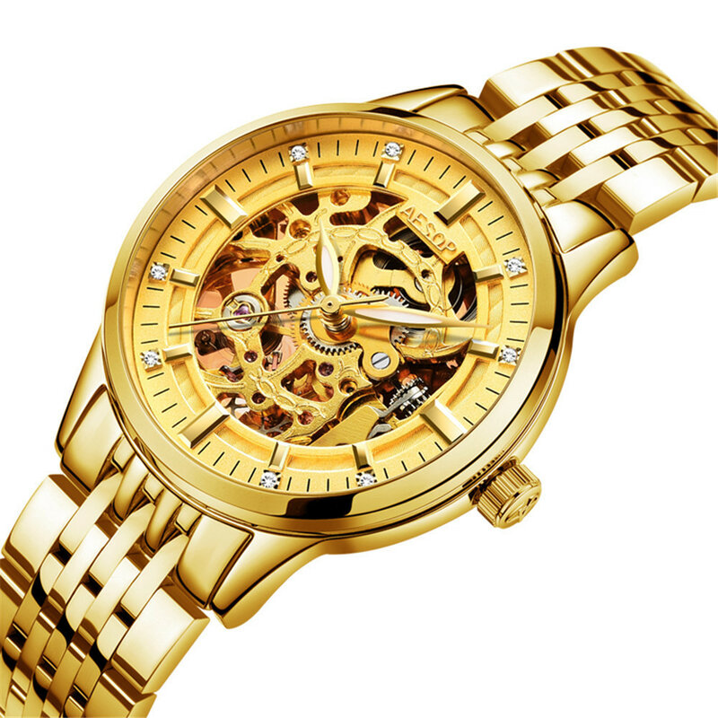 Aesop Couple Automatic Mechanical Watch Top Luxury Brand Golden Crystal Luxurious Hollow Exquisite Lover Watches Amante Relógios