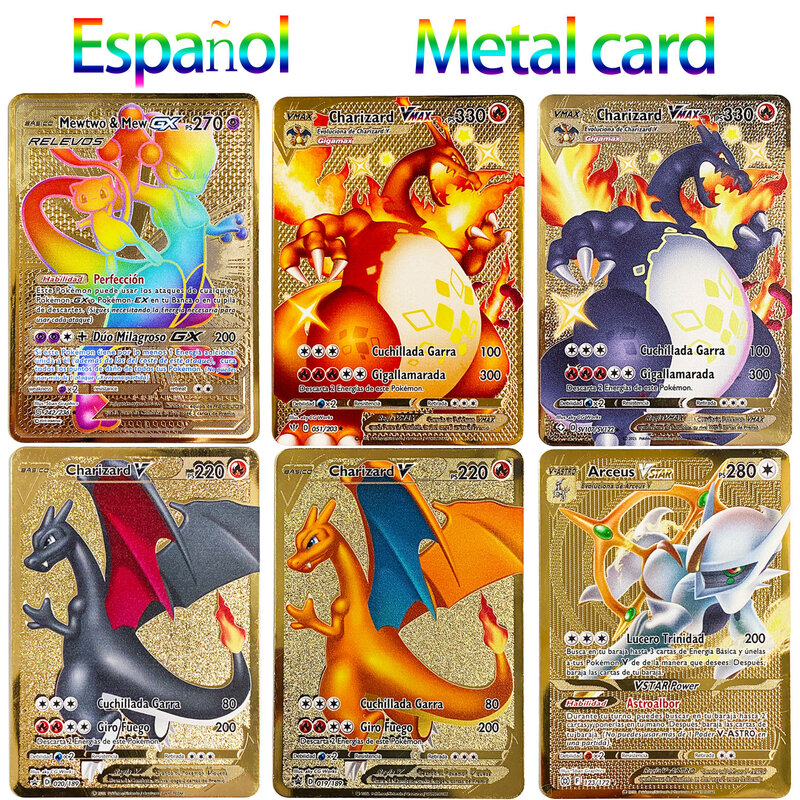 Hiszpański Pokemon metalowy na kartę przeciwpożarowy smok złoty vmax kolekcja kart prezent dziecięca gra karciana kolekcja prezenty dla Childr