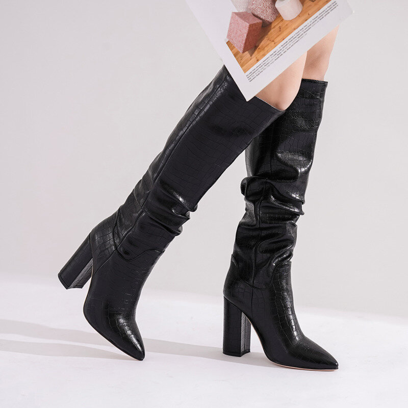 Botas de vaquero hasta la rodilla para mujer, Botines Chelsea largos de piel de serpiente con punta puntiaguda y tacones gruesos, zapatos informales con estampado de piedra para oficina, Invierno