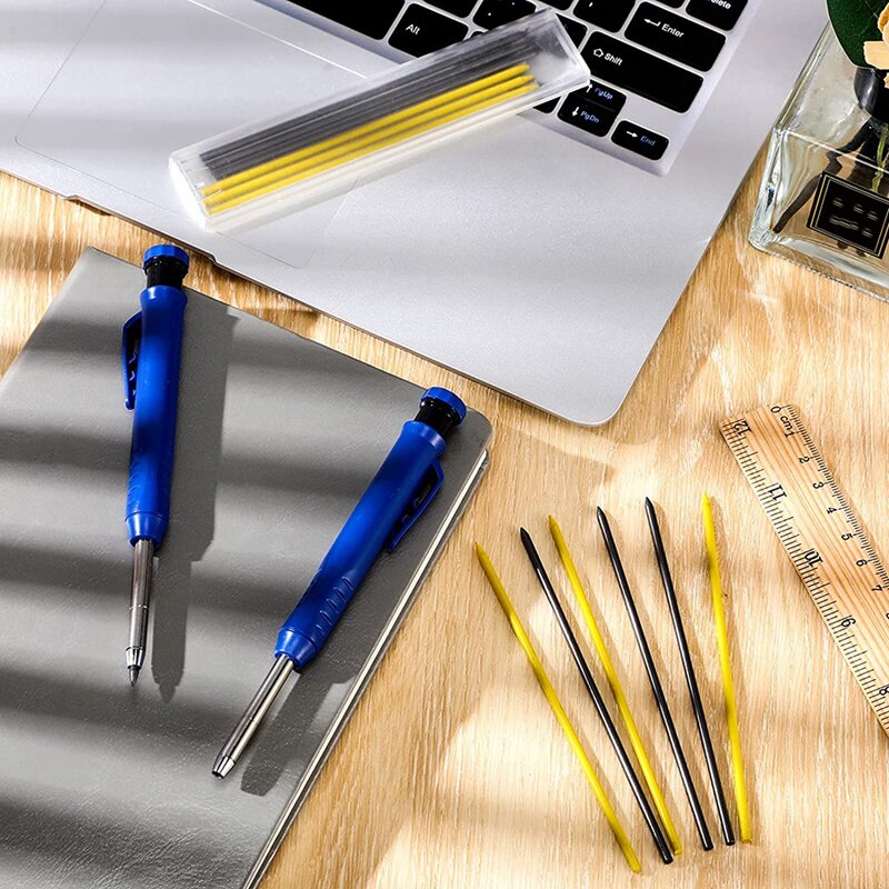 Conjunto de lápis de carpinteiro sólido com 7 refis, apontador embutido, ferramenta de marcação de lápis mecânico