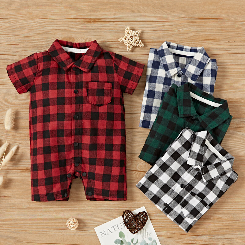PatPat 2021 Spring Autumn Baby Romper Cotton Casual Classic Plaid Collar One Pieces Jumpsuit Clothing Two Colors Hot Sale 0-12M