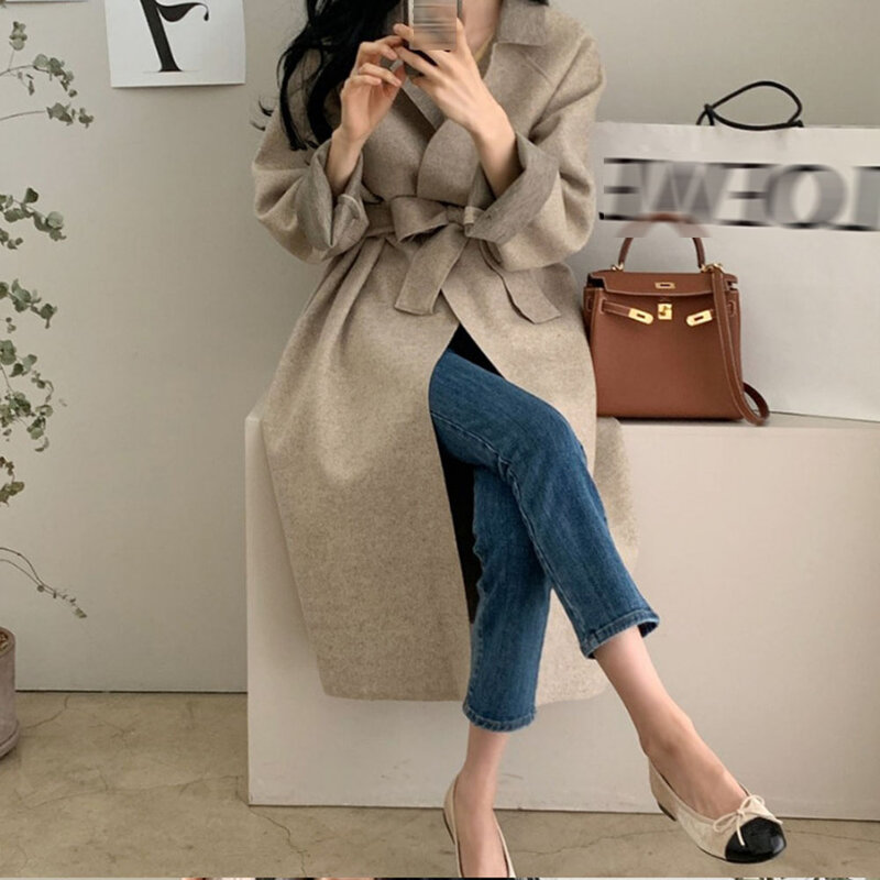 Abrigo de lana largo elegante para mujer, en la cintura con cordones gabardina de estilo coreano, abrigo informal de Color sólido con cuello vuelto, Invierno 2021