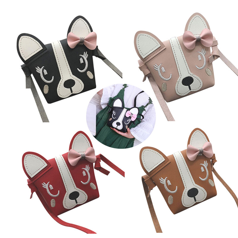 Kids Girl Crossbody Mini Shoulder Bag PU Leather Cute Dog Bowknot Kids Girls Casual Messenger Bags Handbag