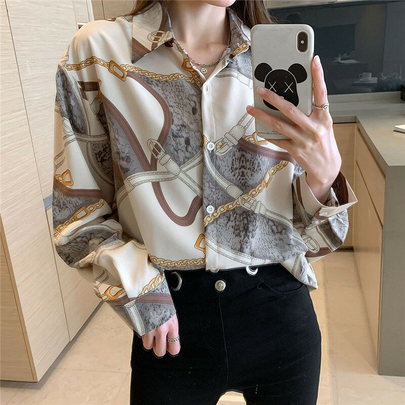Chiffon Women Blouse Long Sleeve Vintage Pattern Lady Casual Loose Spring Autumn Shirts Women's Top Clothing