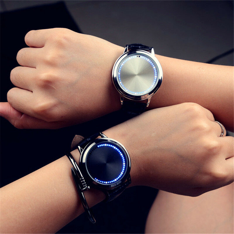 新しいledタッチ腕時計ファッションカジュアルクリエイティブ革腕時計exquisteクォーツ時計時間時計女性男性レロジオmasculino saati