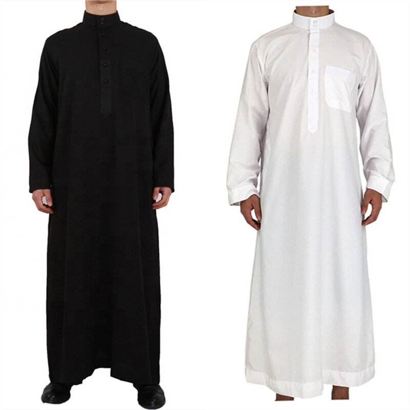 Men Muslim Jubba Thobe Solid Long Sleeve Robes Middle East Casual Traditional Prayer Arab Dubai Qatar Islamic Clothing