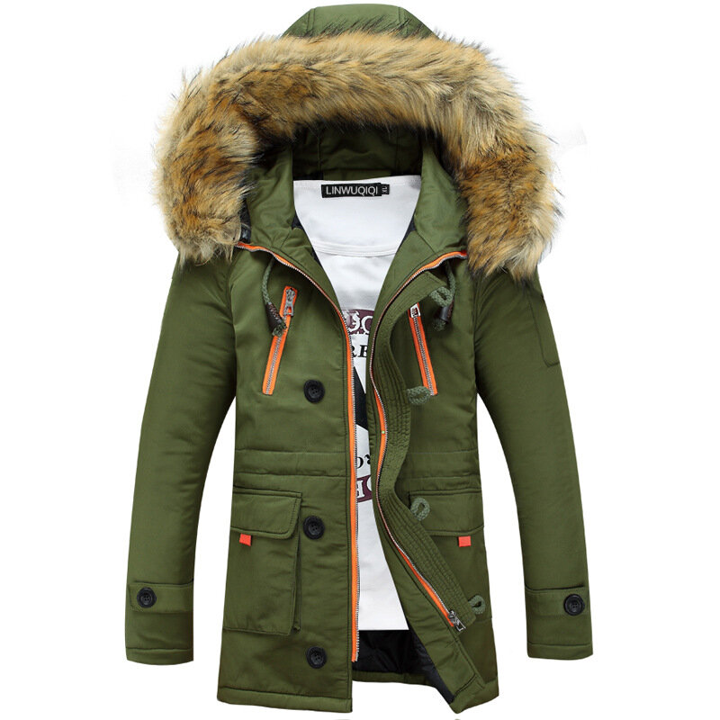 Chaqueta con capucha para hombre, Parkas gruesas de algodón, abrigo largo informal con Cuello de piel, invierno, 2021
