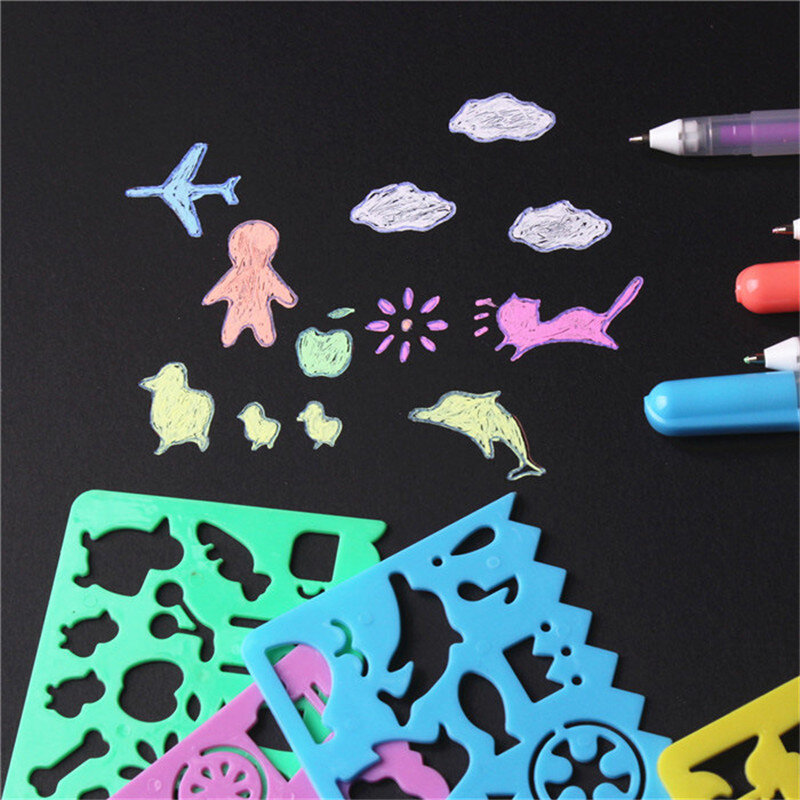 4 pçs conjunto bonito animal modelo de pintura régua mão conta álbum de fotos cópia desenho versão crianças diy puzzle oco placa