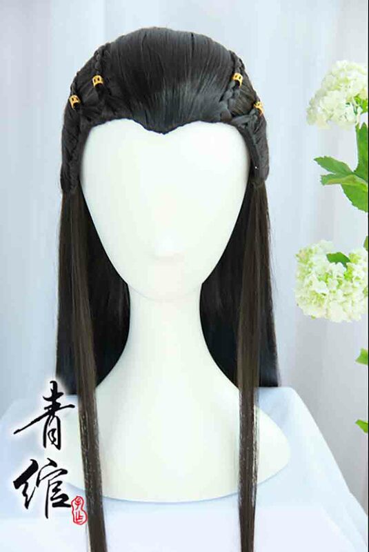 Hanfu Wig Pria Hitam Kuno Wig Hanfu Cina Tutup Kepala Aksesoris Cosplay Anime Hanfu Hitam Panjang Lurus Wig untuk Pria Wanita