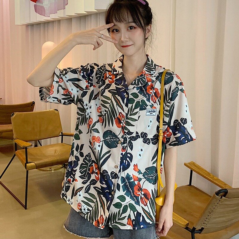Blusa feminina chiffon estampa de folhas gola virada estilo havaiano manga curta blusa de chiffon s m l