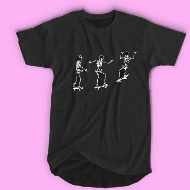 De Drie Skateboard Skelet Grafische Tee Punk Stijl Schedel Cool Grunge Unisex T-shirt Hallowmas Tee Gift Zwarte Vrouwen T-shirt