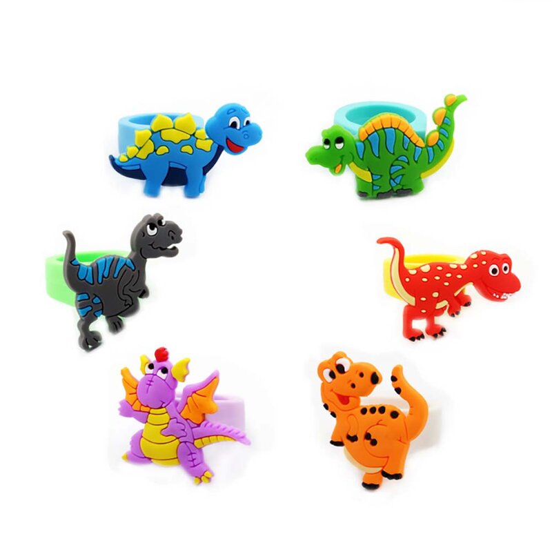 6pcs Finger Dinosaur Ring Children Soft Toy Rubber Ring Happy Birthday Tropical Jungle Party Supplies