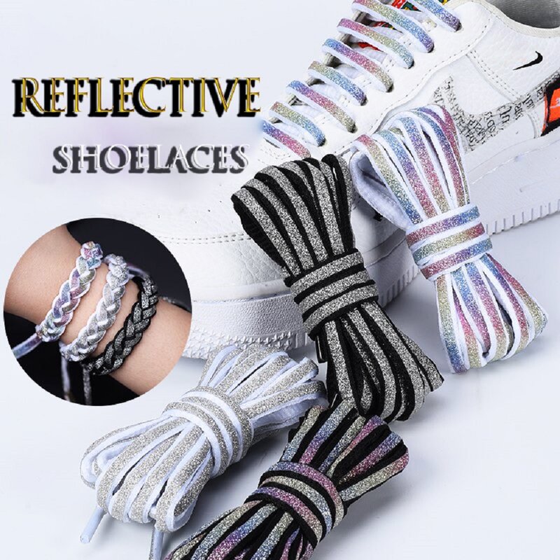 Shoelace For Sneakers Flat Oval Wide Shoe Laces Laser Reflection Glitter Flash Shoestring Fashion Glitter Women's Shoelaces Men