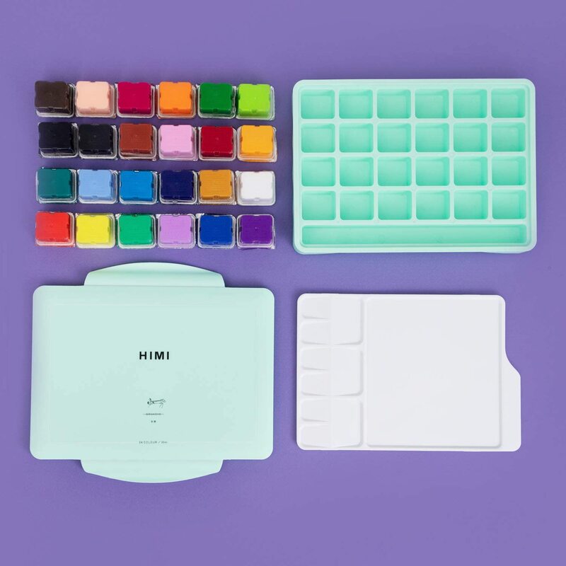 HIMI MIYA Gouache Paint Set 18/24 colori 30ml custodia portatile dal Design unico Jelly Cup con tavolozza e 3 pennelli per artista
