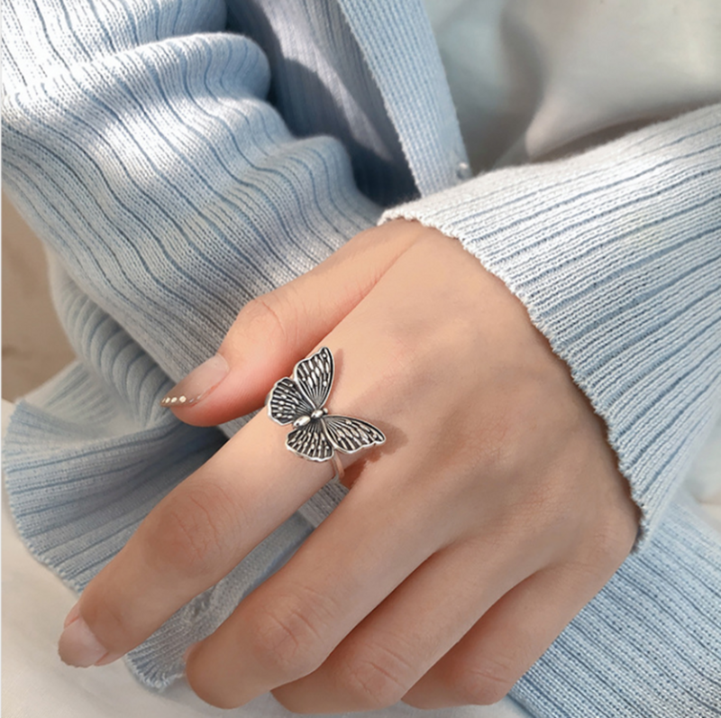 MEYRROYU 925 srebro moda damska wykwintne Retro pierścień z motylem biżuteria Thai srebrny otwarty pierścień hurtownia