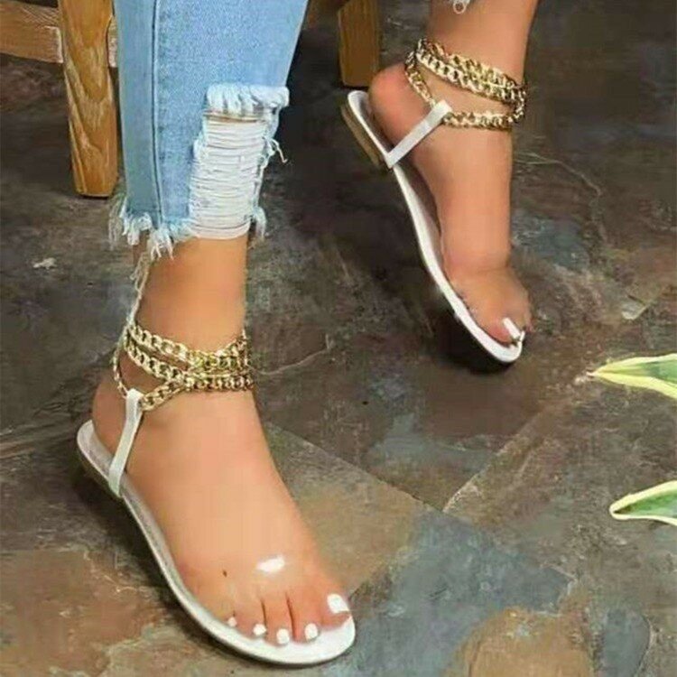 Women Summer Basic Flats Shoes Woman PVC Sandals Leather Plus Size Flip Thong Gothic Chain Sandalias Mujer Sapato Feminino