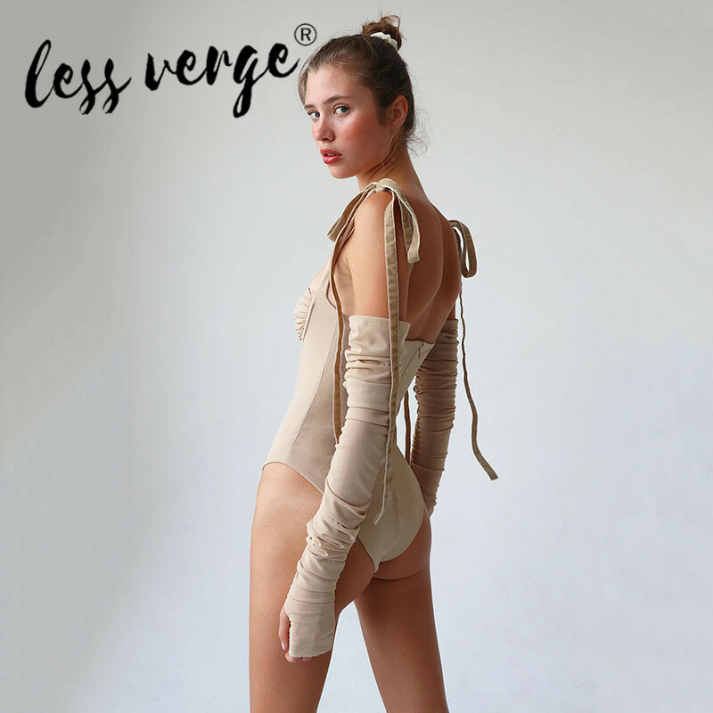 Lessverge-combinaison en dentelle manches longues pour femme, T-shirt slim, couleur unie, Sexy, à lacets