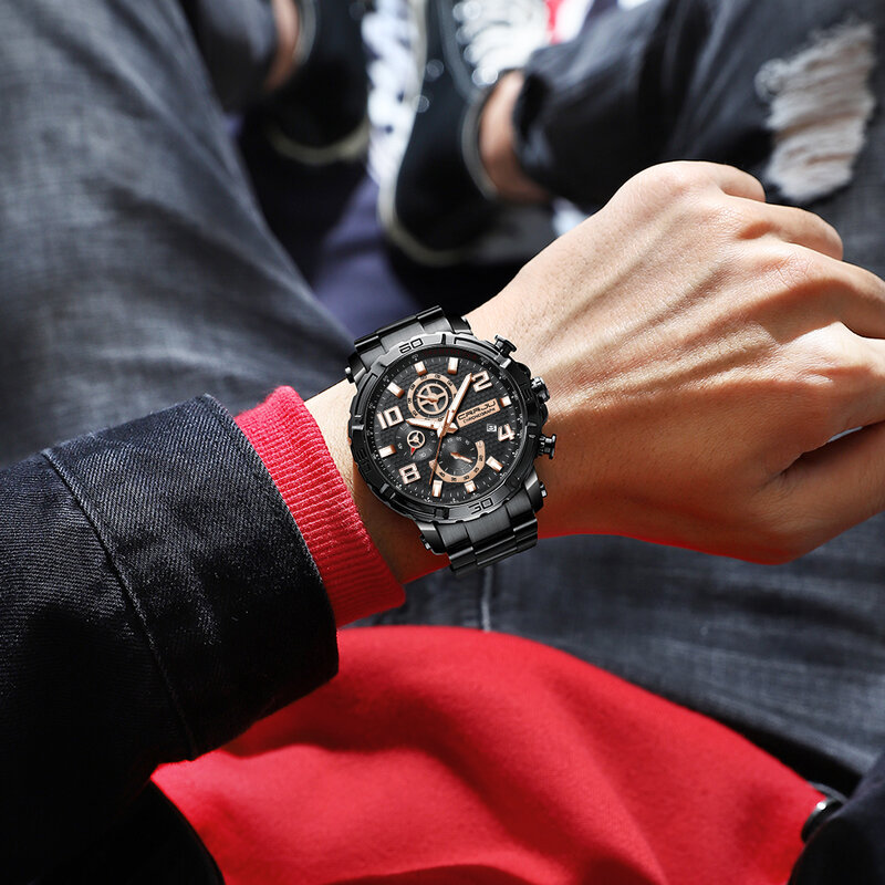 Relogio masculino crrju relógios masculinos moda relógio de pulso para homem banda de aço inoxidável à prova dwaterproof água data presente preto relógios de quartzo