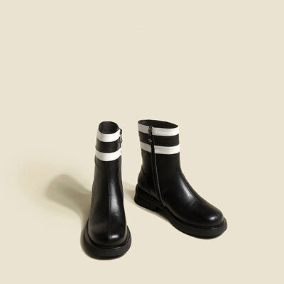 2021 herbst Und Winter Britischen Stil Stiefel Schwarz Runde Kappe Flachen Boden Seite Zipper Farbe Passenden Starke Ferse Kurze Stiefel trend