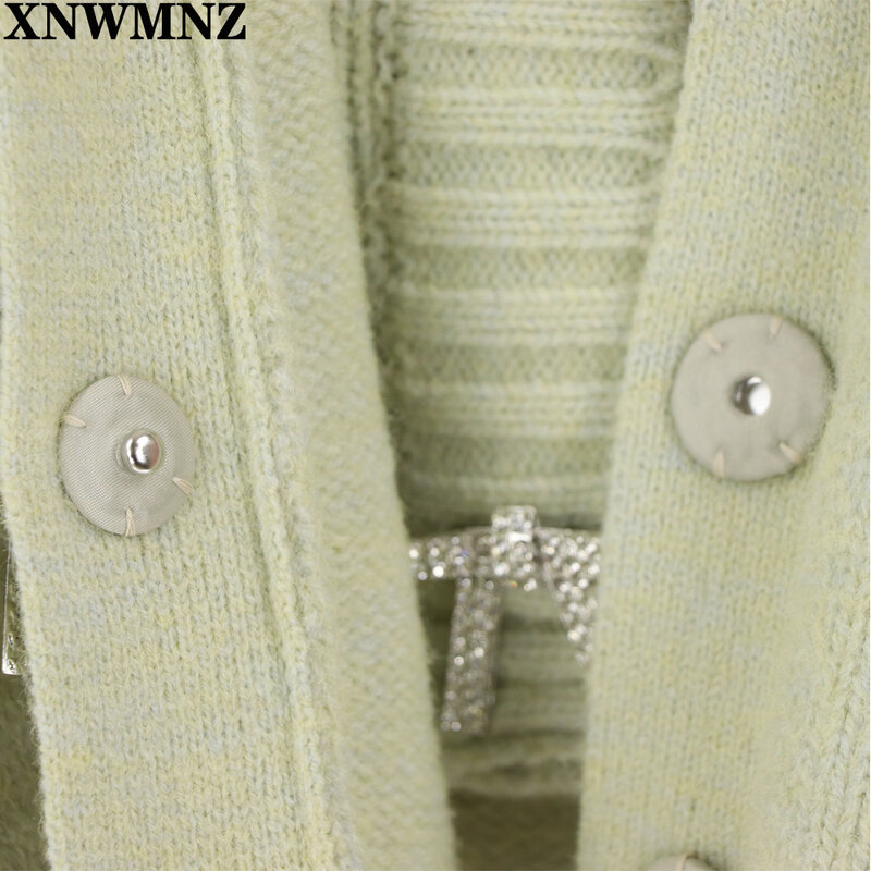 XNWMNZ women vintage Knit cardigan with rhinestone buttons V-neck long sleeve ribbed trims female outerwear fashion chic tops