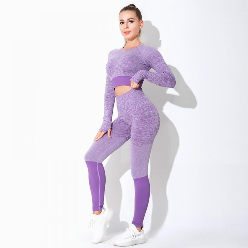 Naadloze Vrouwen Yoga Set Gym Sport Workout Sportkleding Gym Kleding Fitness Lange Mouwen Crop Top Hoge Taille Leggings Sport Past