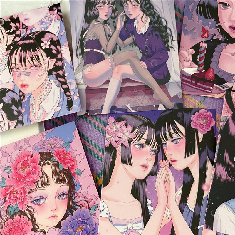 12 hojas de tarjeta decorativa de chica de dibujos animados japoneses, impermeable, doble cara, ilustración, postal, pegatina de pared para habitación, accesorios para fotos