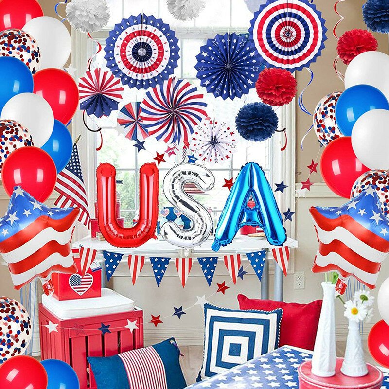 1 Juego de decoraciones de 4 de julio, abanico de papel, suministros patrióticos para fiesta del Día de la Independencia Americana