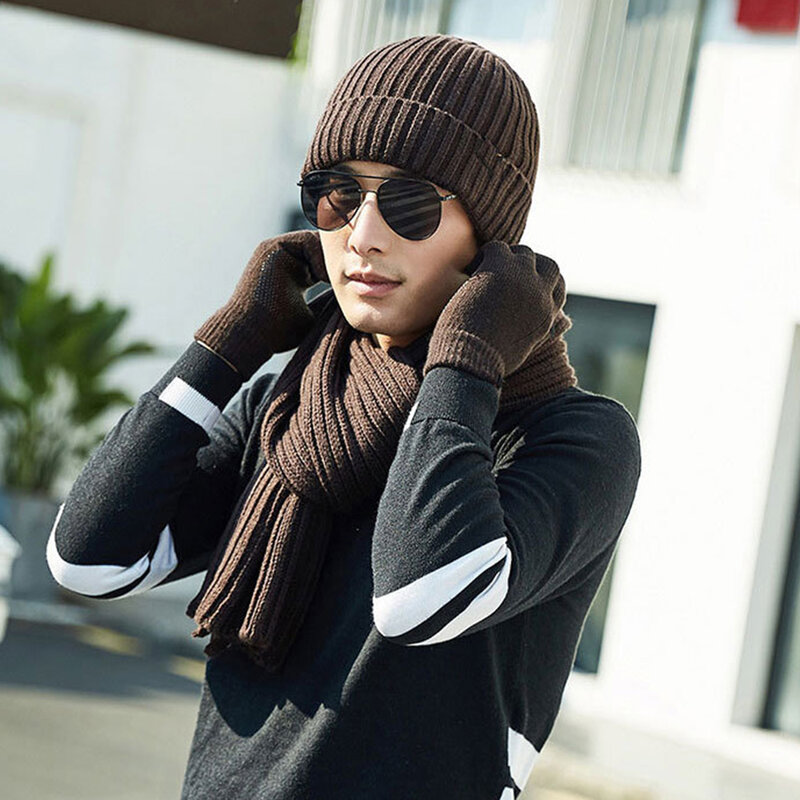 Bonnet thermique tricoté pour hommes et femmes, écharpe à chapeau épais, ensemble de gants, Protection du cou, doux, chaud, hiver, froid, 3 pièces
