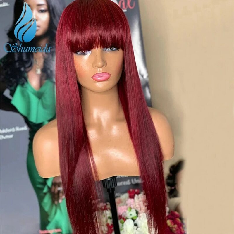 Shumeida-Peluca de cabello humano liso con flequillo para mujeres negras, pelo largo brasileño Remy, Color rojo, totalmente hecha a máquina