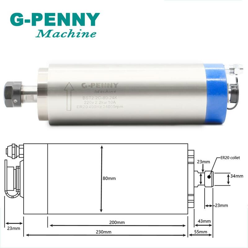 G-PENNY 2.2KW ER20 wrzeciono chłodzone wodą zestaw CNC wrzeciona 4 łożyska i 2.2KW falownika VFD i 80mm uchwyt wrzeciona i 75 w pompa wodna