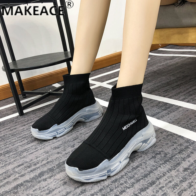 Women&#39;s Shoes Sneakers for Summer 2021 Breathable Web Red Knit Elastic Ankle Boots Fall Socks Boots Fashion Dad Shoes