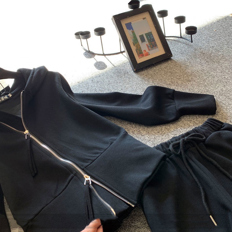 Duofan roupa de mulher de cor sólida com zíper de duas vias lanterna manga hoodies e calças de cordão de perna larga sportwear