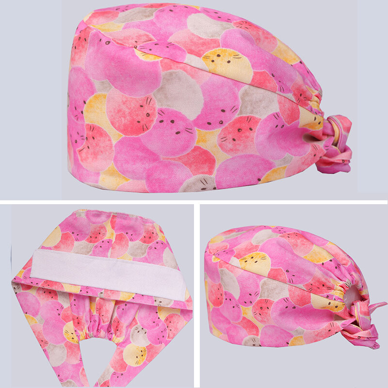 핑크 버블 여성 스크럽 모자 패턴 수의학 치과 간호 인쇄 작업 모자 100% 면 미용사 요리사 해골 모자