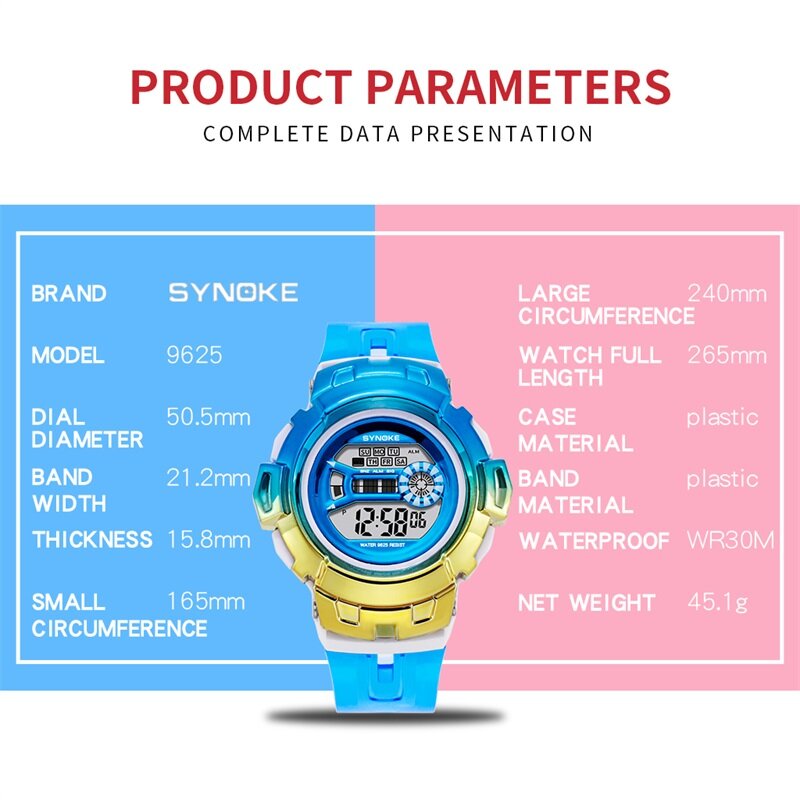 Synoke relógio de pulso feminino esportivo, digital com gradiente indicador led à prova d'água