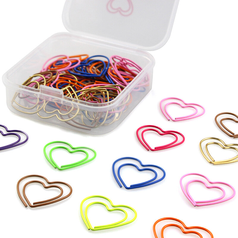 50pcs/box Cute Heart Bookmark Metal Paper Clip Kawaii Stationery Metal Clear Binder Clips Photos Tickets Notes Letter