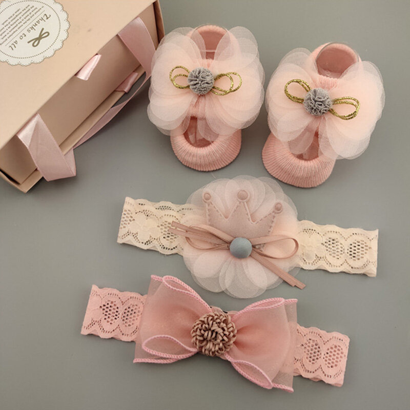 3 Stks/set Kant Bloem Baby Meisje Hoofdband Sokken Set Crown Bows Pasgeboren Haarband Voet Sokken Photo Props Voor Baby haar Accessoires