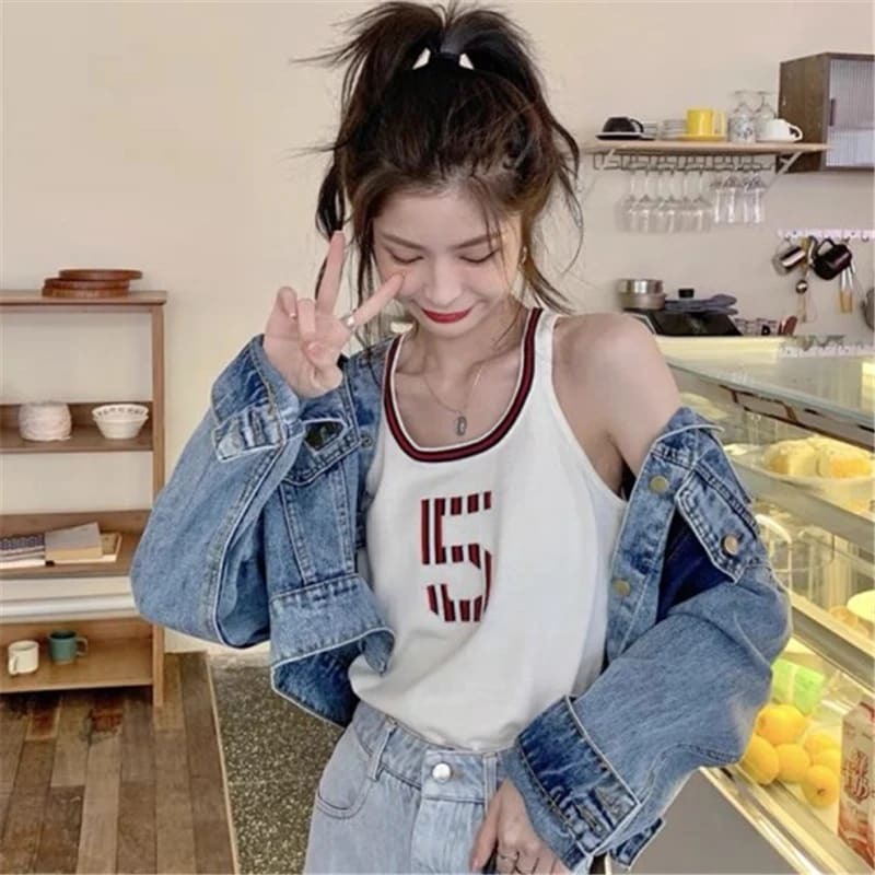 Retro Chic Hong Kong Style Vest Women's Summer Outdoor Fashion Ins Harajuku BF Style Student Short Sleeveless T-shirt Sports Top