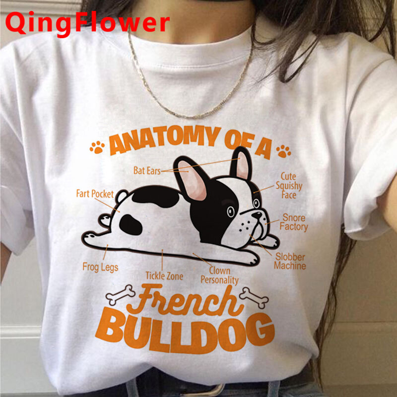 Buldog francuski Kawaii śmieszne kreskówki T koszula kobiety Harajuku słodkie koszulka z motywem Anime lato Plus rozmiar Tshirt graficzne koszulki kobiet