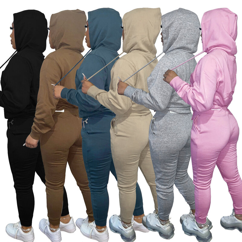 Nova chegada de lã grossa mangas compridas sweatpants e hoodie jogger conjunto duas peças conjunto roupas femininas