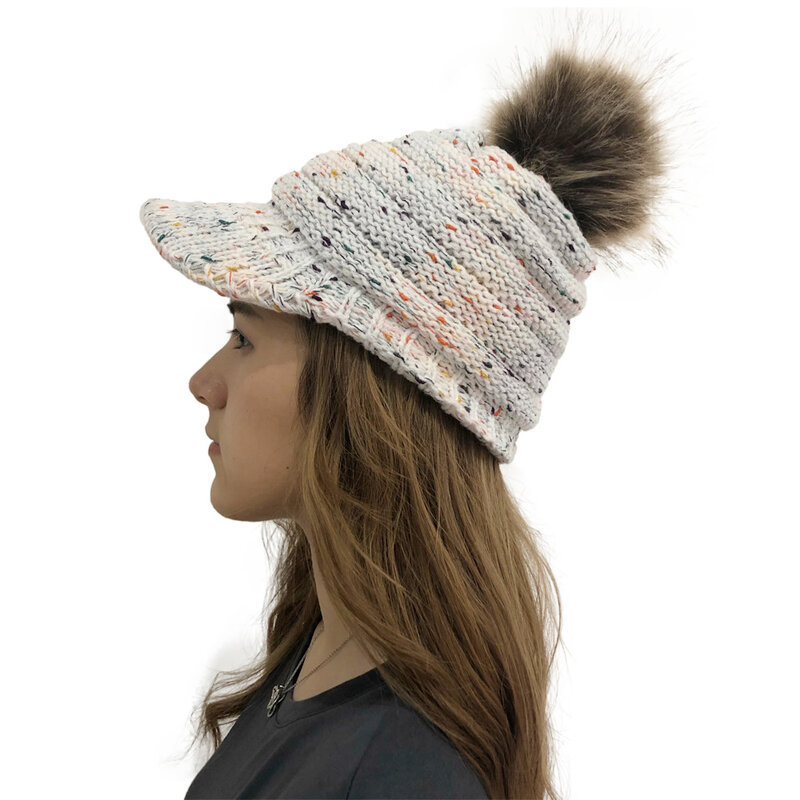 Chapéu de malha com nervuras feminino com borda inverno quente cabo slouchy malha gorro crânio com viseira com pom