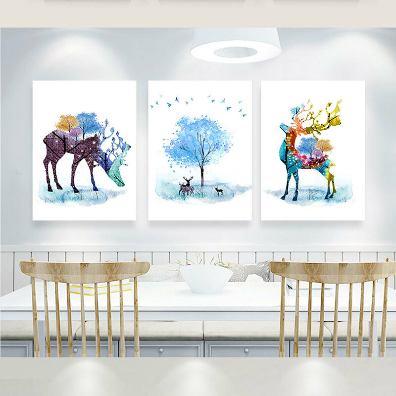 Hot Sale Nordic Modern Minimalist Watercolor Deer and Tree Decorative Painting Living Room Study Mural Canvas Painting Wall Art