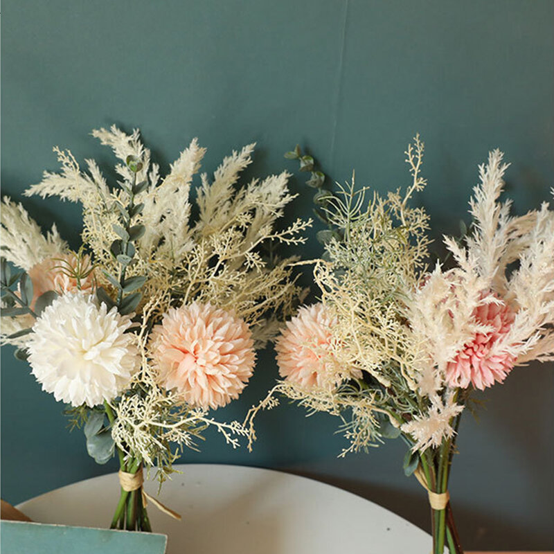 Flores artificiales de seda de alta calidad, ramo híbrido de eucalipto, diente de león, decoración para el hogar, boda, flores falsas