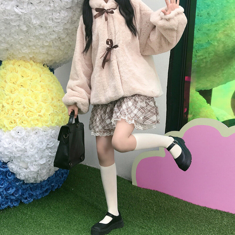 겨울 스위트 자켓 귀여운 소녀 베어 귀 Jk 소프트 플러시 코트 여성용 빈티지 Thicken Long Sleeve Kawaii Lolita Hooded Outweare