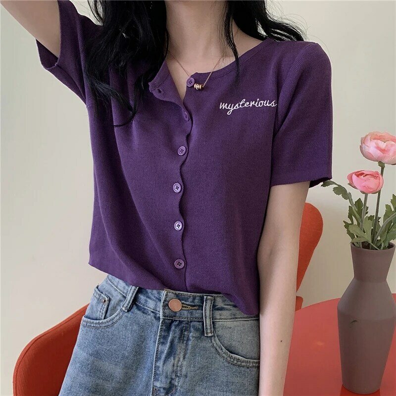 Lato kobiet Online odbiorców z dekolt w serek krótki, z dzianiny sweter nowy koszulka koreański styl Slim-Fit litery haftowana, krótka rękaw